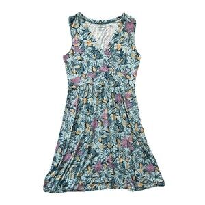 LL Bean Dress Womens Large Green Pink Floral Short Sleeve Stretch Knit Tropical